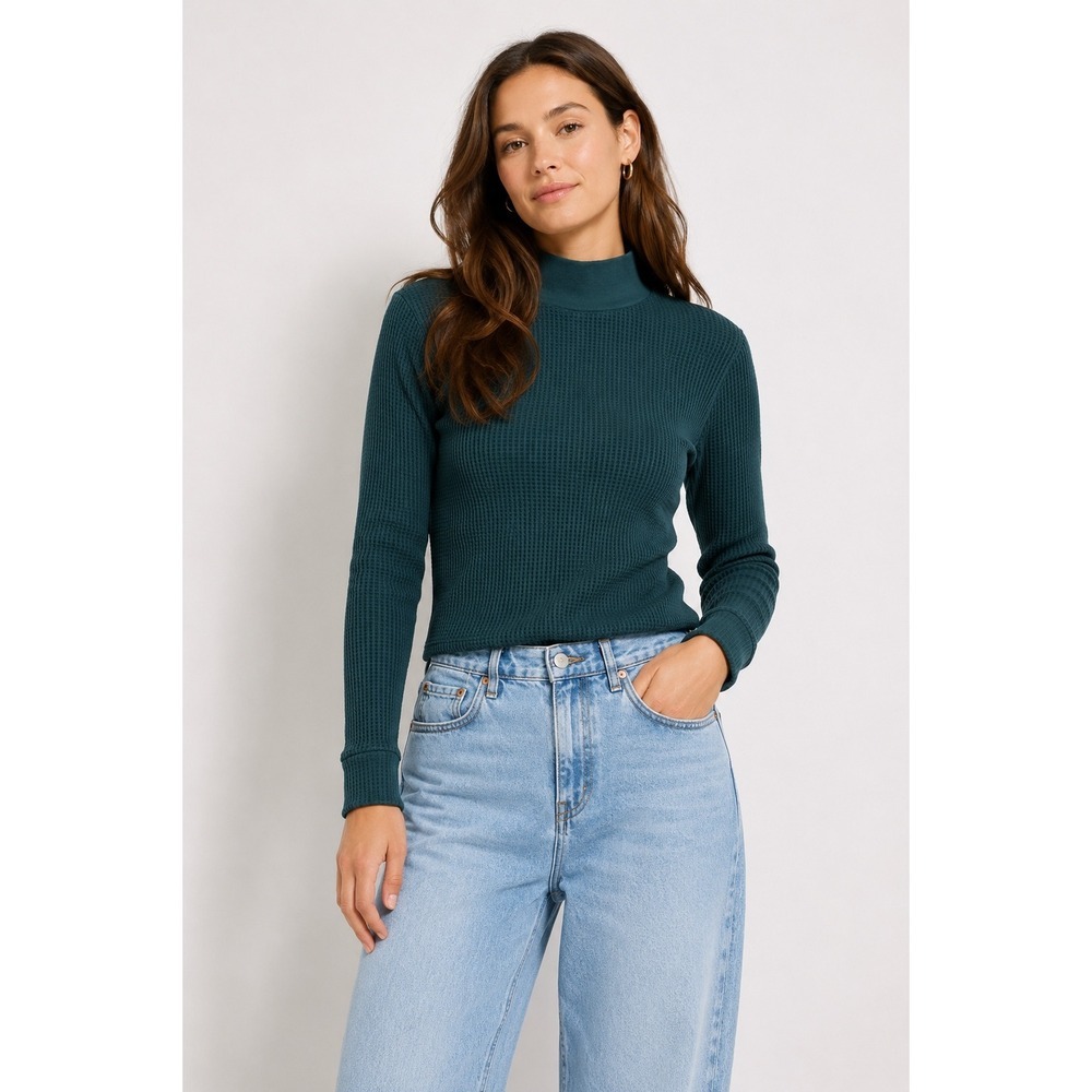 Aerie Waffle Knit Mock Neck Top Womens Medium Teal Green Thermal Cropped Shirt